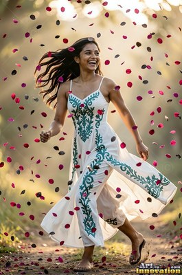 A smiling woman in a white dress runs through falling pink petals