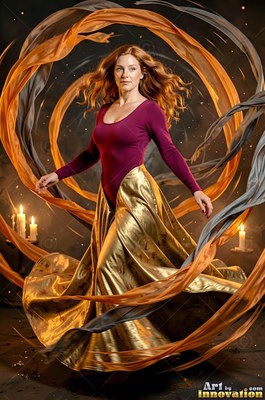A red-haired woman in a gold skirt dances as orange ribbons swirl in a dark room with candles