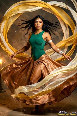A dancing woman moves in a green top while swirling ribbons catch the warm light