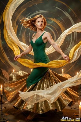 A woman twirling in a green dress on a dark floor surrounded by candles