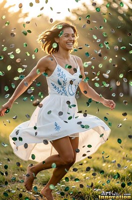 A woman in a white dress runs barefoot through floating green petals outside