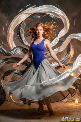 In a smoky studio, a red-haired woman performs a dance in a blue leotard and gray skirt