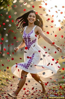 Twirling along a sunlit path, a smiling woman wears a white dress under falling rose petals