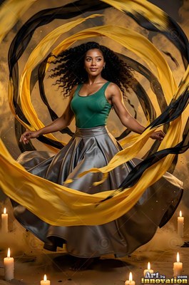 Woman in a gray skirt dancing with yellow and black ribbons