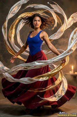 In a blue tank top and red skirt, a dancing woman spins inside swirling ribbons in a dim room