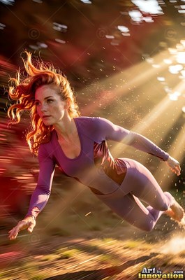 Leaping forward, a woman in purple flies through bright sunbeams in a field