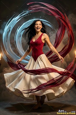 A smiling woman spins in a cream and red dress with swirling fabric ribbons