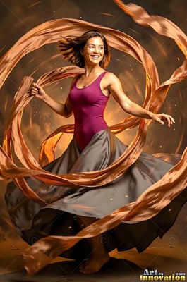 In warm studio light, a smiling woman dances with swirling peach ribbons