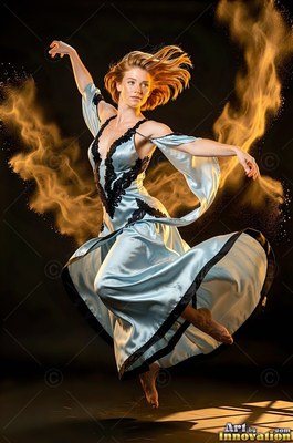 Leaping in the air, a woman in a light blue dress scatters golden powder behind her