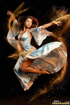 A woman leaps midair in a blue dress with swirls of golden powder