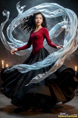A red long-sleeve top on a dancing woman swirling pale ribbons in a dim room