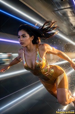 Leaning forward mid-leap in a dark tunnel, a woman runs past bright light streaks