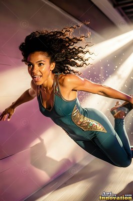 Under a bright spotlight, a woman in a teal bodysuit leaps through the air
