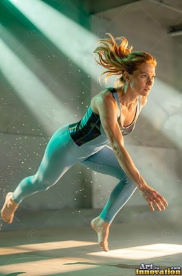 A woman in a light blue jumpsuit leaps through a dusty beam of light