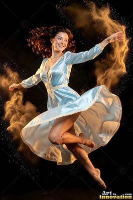 A pale blue silk dress swirls around a barefoot dancing woman leaping in dark space
