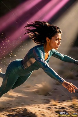 Diving forward over sandy ground, a woman leaps midair in a blue suit