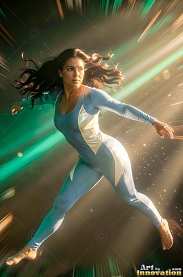 In green light beams, a barefoot woman in a blue bodysuit leaps midair
