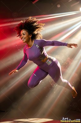 Wearing a purple tracksuit, a smiling woman jumps through bright spotlights on a dark stage