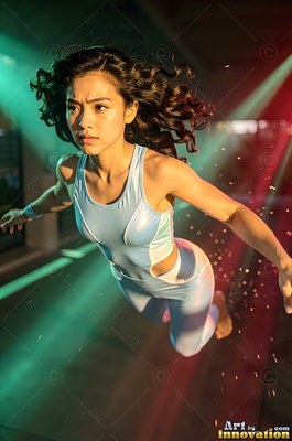 Leaping forward in a studio, a woman in a blue jumpsuit flies under red light