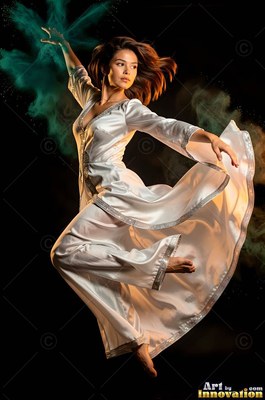 A woman jumps in a flowing white dress with green powder in the air