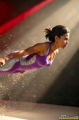 In a sunlit studio, a woman in a purple jumpsuit dives forward through dust