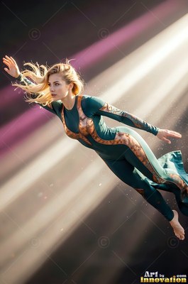 A green jumpsuit on a woman floating diagonally through beams of sunlight