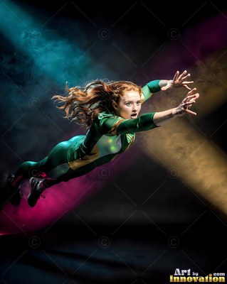 Diving forward through colorful spotlights, a woman reaches out in a green suit