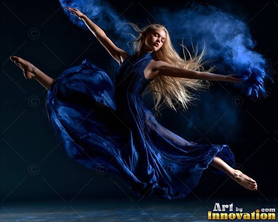 In a dark room, a blond woman in a navy dress leaps with blue powder dust