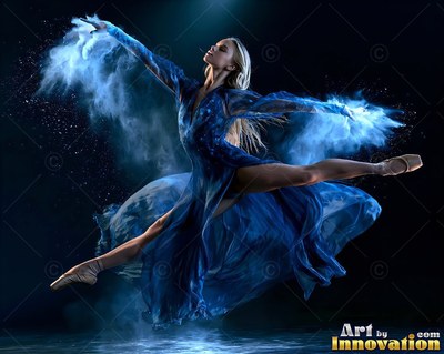 A woman in a flowing blue dress leaps through bright blue powder in the dark