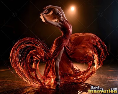 Arched back on a dark stage, a woman dances in a swirling red dress