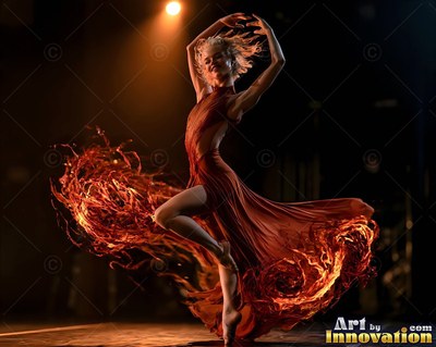 A woman in a red dress dances on a dark stage under an orange spotlight