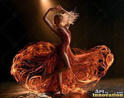 Under a warm spotlight, a woman dances in a swirling orange dress