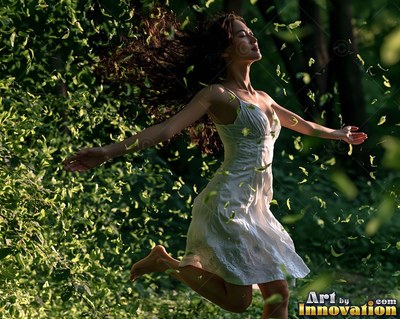 A woman springs through the air barefoot through woods in a white dress under bright sunlight