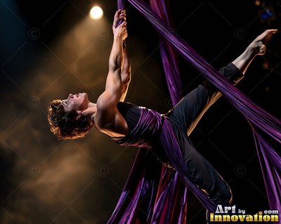 Suspended upside down on a stage, a woman poses in purple aerial silks