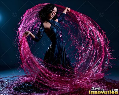 Woman in a dark dress dancing inside splashing pink water