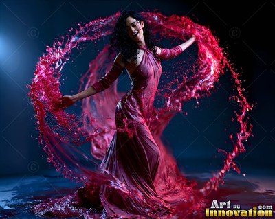 Spinning in a dark room, a woman performs a dance inside a ring of red liquid