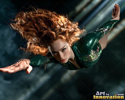 A redhead woman in a shiny green bodysuit glides through the air with arms spread