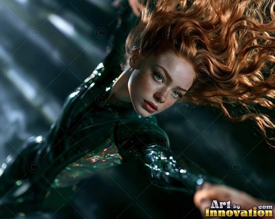 In deep green water, a red-haired woman swims forward with hair floating up