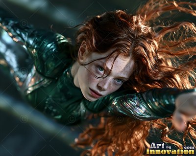 A red-haired woman dives forward in a dark green suit