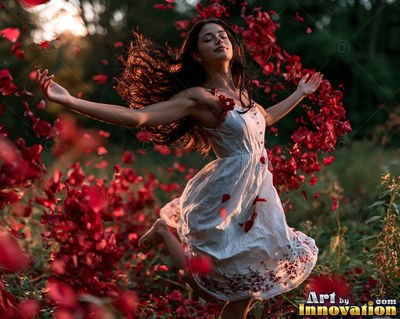 Wearing a white summer dress, a barefoot woman springs through the air through a meadow of flying red petals