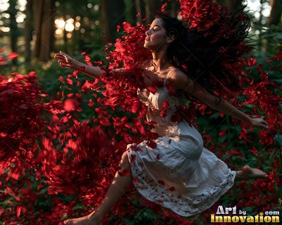 A woman springs through the air through dark woods in a white dress, surrounded by flying red petals