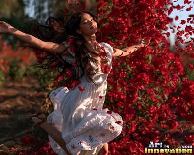 Leaping with open arms in a garden, a woman in a white dress catches red petals