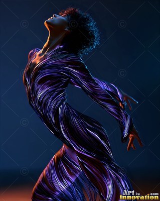 In dark blue light, a woman bends back in a striped purple dress