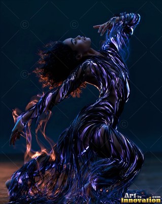 Dancing in the dark, a woman arches back in a fringed purple bodysuit with flames at her side