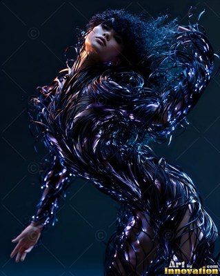 Woman dancing in a dark suit made of glossy ribbons