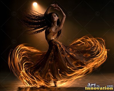 Arms curved overhead on a dark stage, a woman twirls in a fiery dress