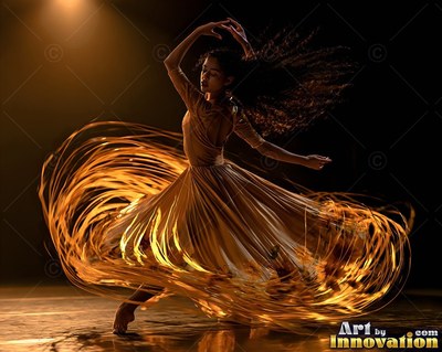 On a dark stage, a woman spins in a swirling gold dress under a warm spotlight