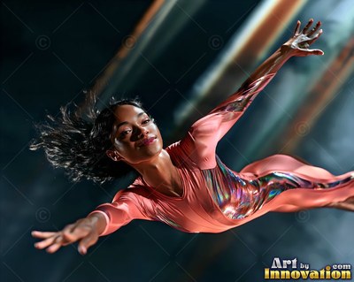 Flying forward with arms outstretched, a smiling woman wears a shiny pink bodysuit