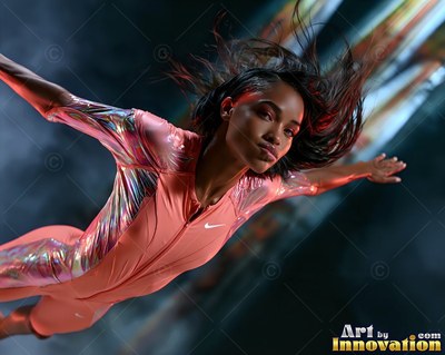 Woman leaping forward in a pink and shiny bodysuit