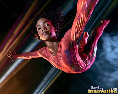 Wearing a shiny pink bodysuit, a woman flies through colorful stage light beams in smoke
